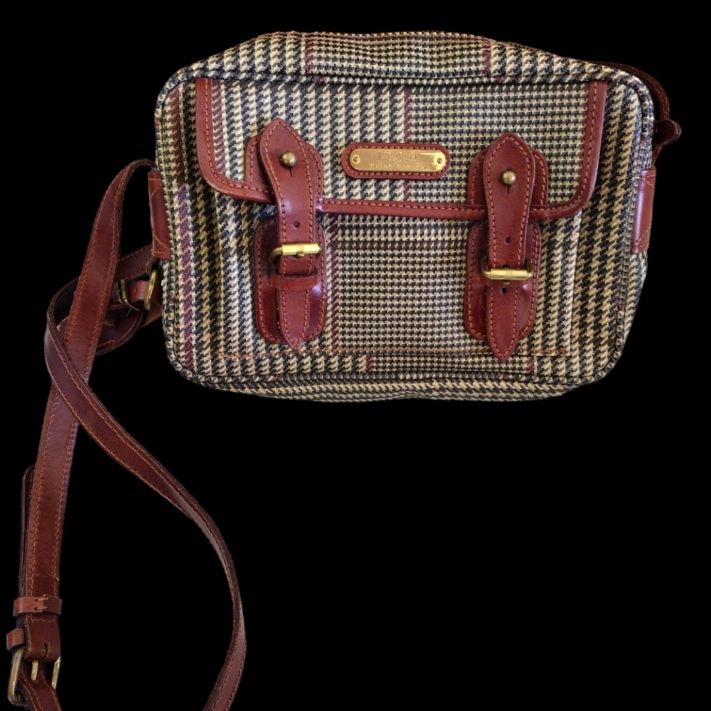 ⭐️POLO RALPH LAUREN Authentic Houndstooth Brown Canvas & Leather Trim Crossbody